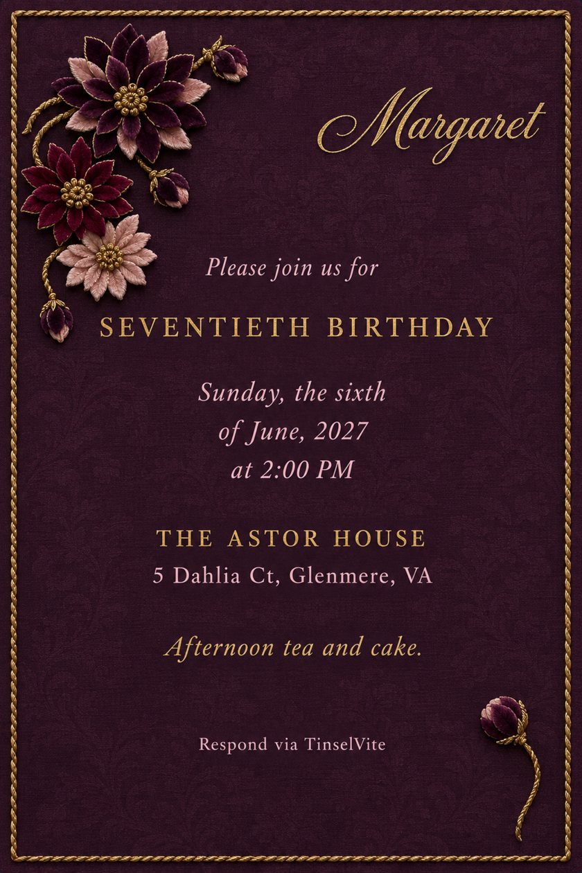 Seventieth birthday invitation on plum silk with a gold cord border, velvet dahlias at the upper left, a gold script name, and the date and venue below.
