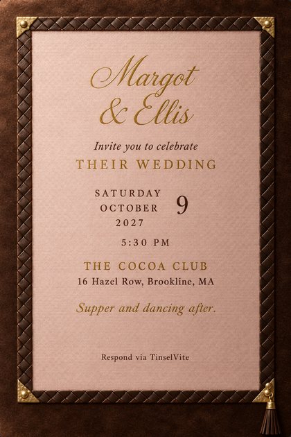 Wedding invitation: blush silk panel on brown velvet in a woven leather frame with gold corners and a tassel, script names Margot & Ellis, date and venue below.