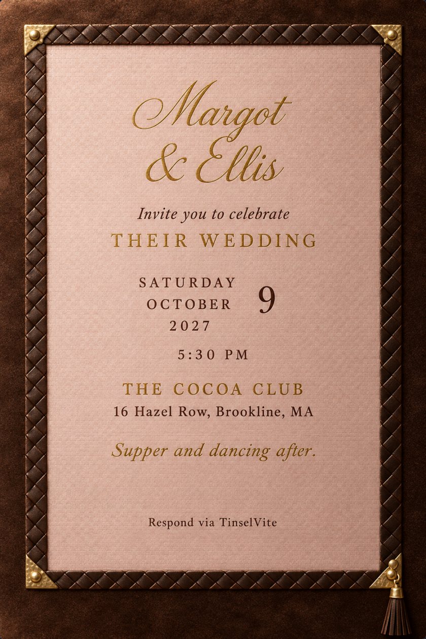Wedding invitation: blush silk panel on brown velvet in a woven leather frame with gold corners and a tassel, script names Margot & Ellis, date and venue below.