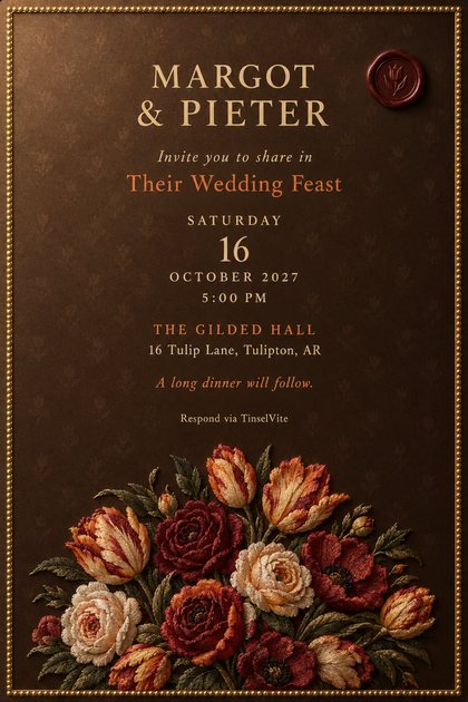 Wedding invitation on deep brown satin with a gold beaded border, a wine wax seal, the couple's names in large cream capitals, and tulips and roses below, with the date and venue.