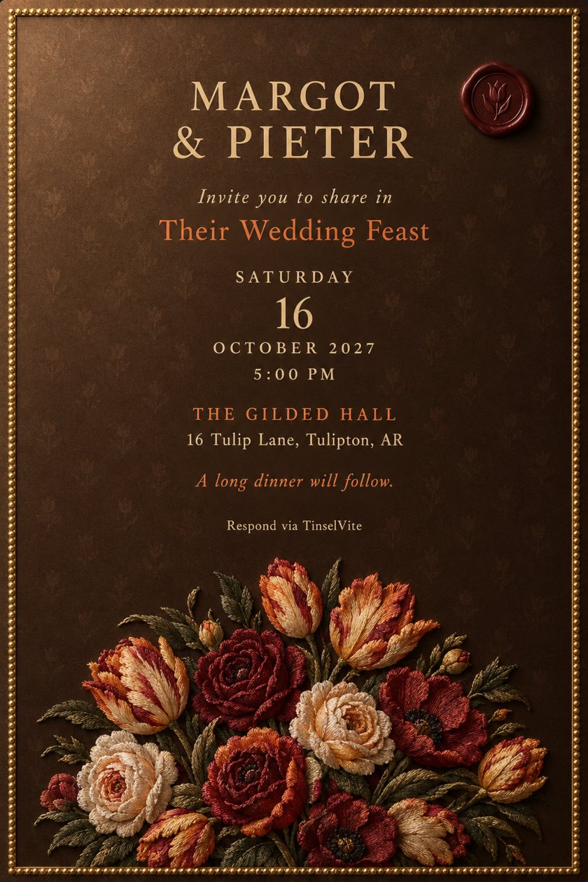 Wedding invitation on deep brown satin with a gold beaded border, a wine wax seal, the couple's names in large cream capitals, and tulips and roses below, with the date and venue.