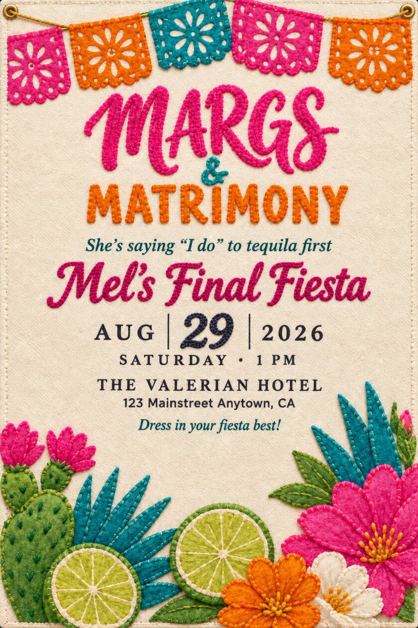 Cream canvas card with felt papel picado flags, chenille and felt appliqué lettering reading Margs and Matrimony, Mel's Final Fiesta in chain stitch, a divided date below, and felt appliqué cactus, limes and flowers along the bottom.