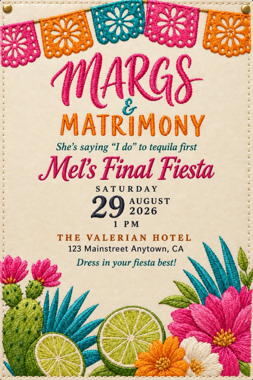 Ivory leather card with cut-leather papel picado flags in pink, orange and teal, satin-stitch lettering reading Margs and Matrimony, Mel's Final Fiesta stitched in raspberry with the date and venue below, and an embroidered border of cactus, agave, limes and bright flowers.