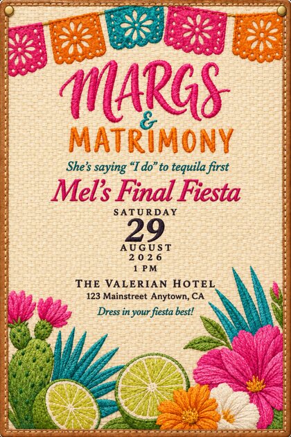 Cream raffia card with a stitched tan leather edge, dyed leather papel picado flags, Margs and Matrimony and Mel's Final Fiesta in satin stitch, a stacked date in dark thread, and embroidered cactus, limes and bright flowers along the bottom.