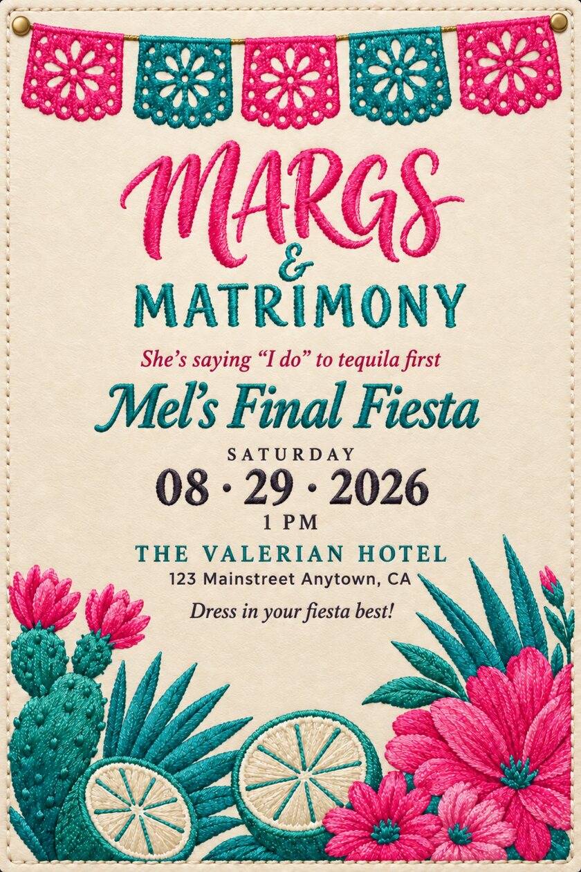 Ivory leather card stitched in hot pink and teal only: alternating papel picado flags, Margs and Matrimony in satin stitch, Mel's Final Fiesta in teal above a dotted date, and a two-thread border of cactus, agave, limes and flowers.