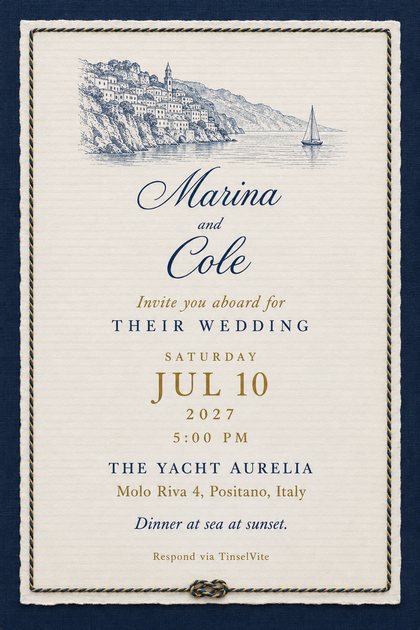 Wedding invitation on ivory cotton card with a navy and gold rope border, an engraved Amalfi coast village and sailboat above script names, with the date and venue below.
