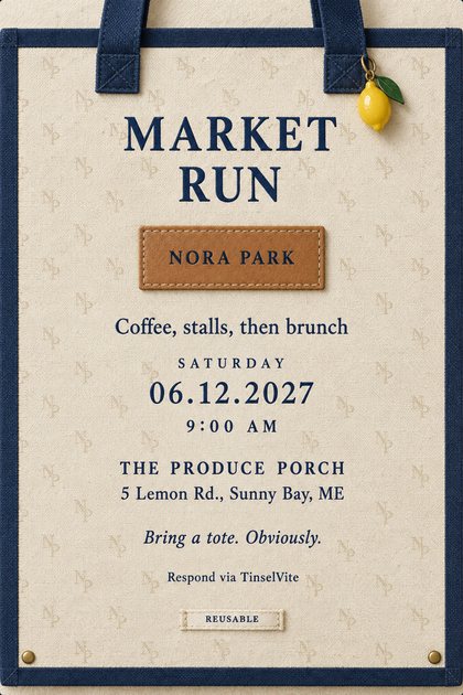 Ivory canvas tote-style invitation: navy webbing handles, a lemon charm, a tan leather patch stamped NORA PARK, a REUSABLE label, and large navy MARKET RUN above the date and venue.