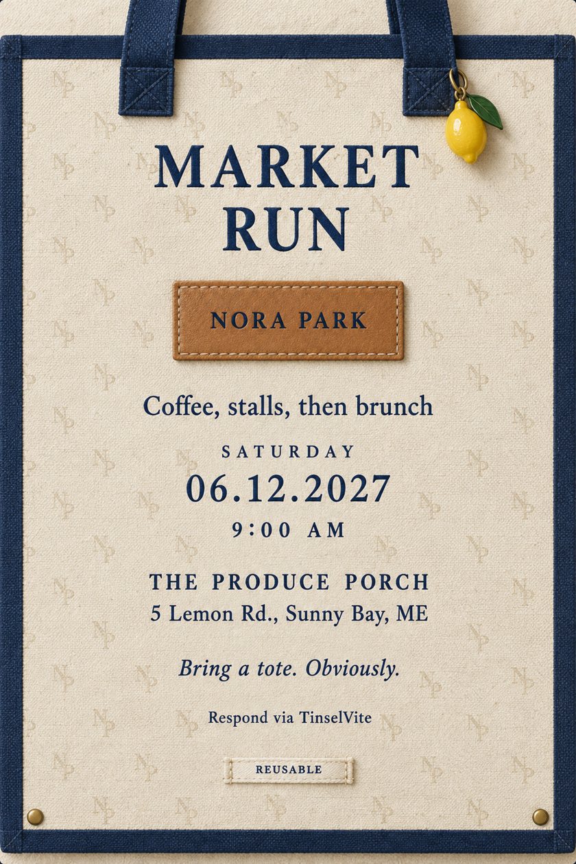 Brunch invitation: Ivory canvas tote-style invitation: navy webbing handles, a lemon charm, a tan leather patch stamped NORA PARK, a REUSABLE label, and large navy MARKET RUN above the date and venue.