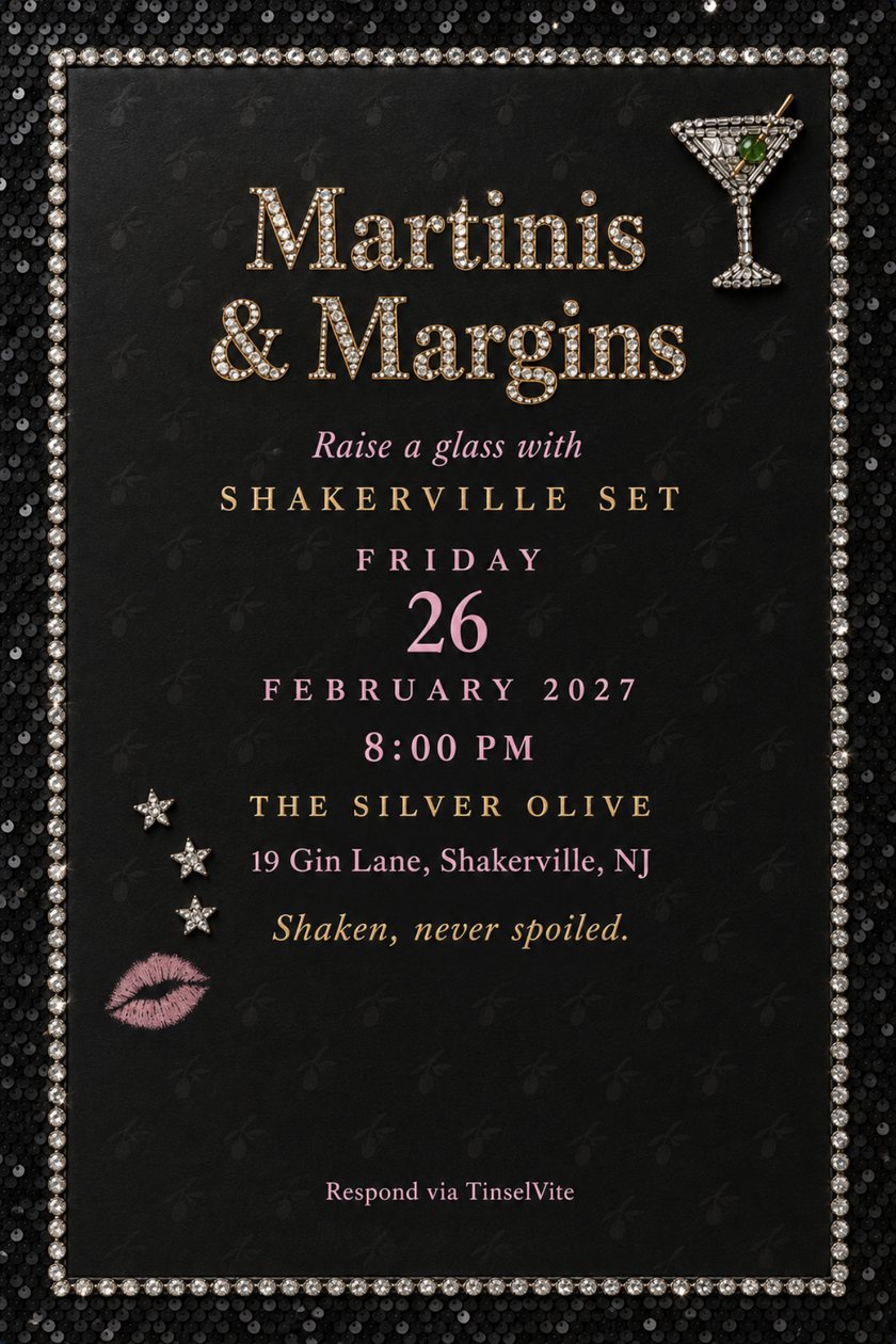 Book club invitation on black sequin cloth with a crystal-edged satin panel, a jeweled martini glass, a pink kiss and the title Martinis & Margins in gold rhinestone letters.