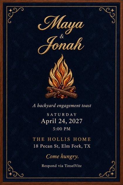 Engagement invitation on midnight blue velvet in a walnut frame: a gold embroidered campfire with jewel embers under gold script names, with the date and venue below.