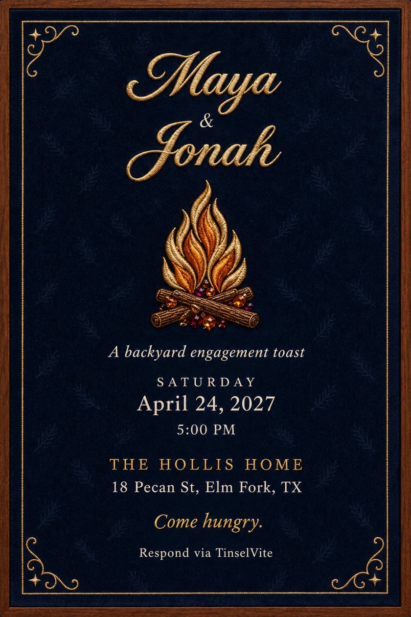 Engagement invitation on midnight blue velvet in a walnut frame: a gold embroidered campfire with jewel embers under gold script names, with the date and venue below.