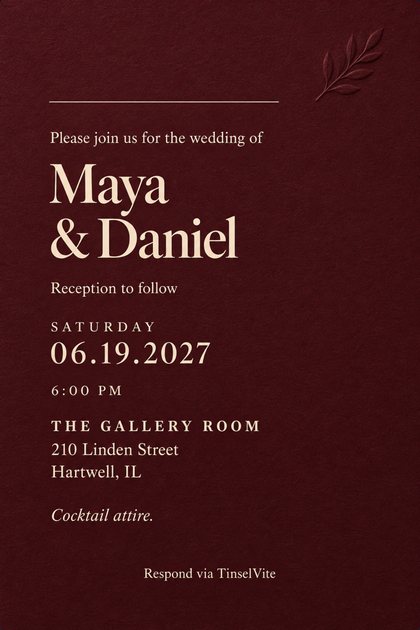 Deep burgundy card with a blind-embossed laurel sprig at top right, a thin cream rule, and large cream serif lettering reading Maya & Daniel, with the date and venue below.
