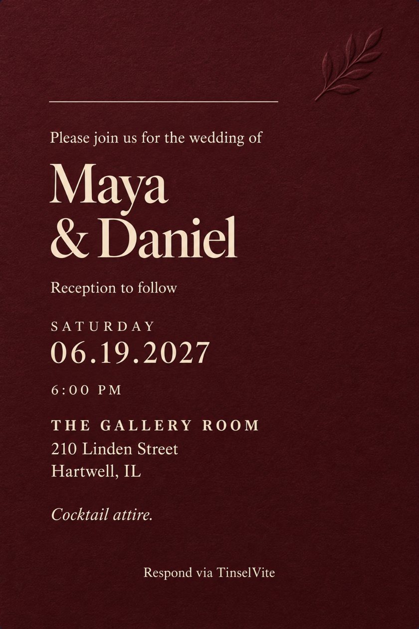 Wedding invitation: Deep burgundy card with a blind-embossed laurel sprig at top right, a thin cream rule, and large cream serif lettering reading Maya & Daniel, with the date and venue below.