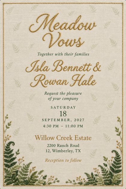 Wedding invitation with a gold stitched script title, green fern sprigs in the lower corners and a thin gold border on cream linen, with the date and venue below.