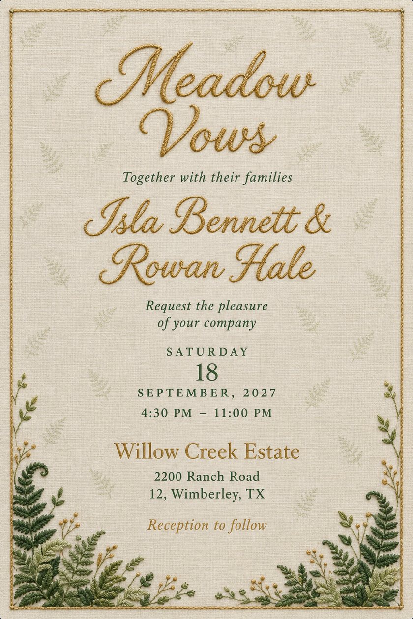 Wedding invitation with a gold stitched script title, green fern sprigs in the lower corners and a thin gold border on cream linen, with the date and venue below.