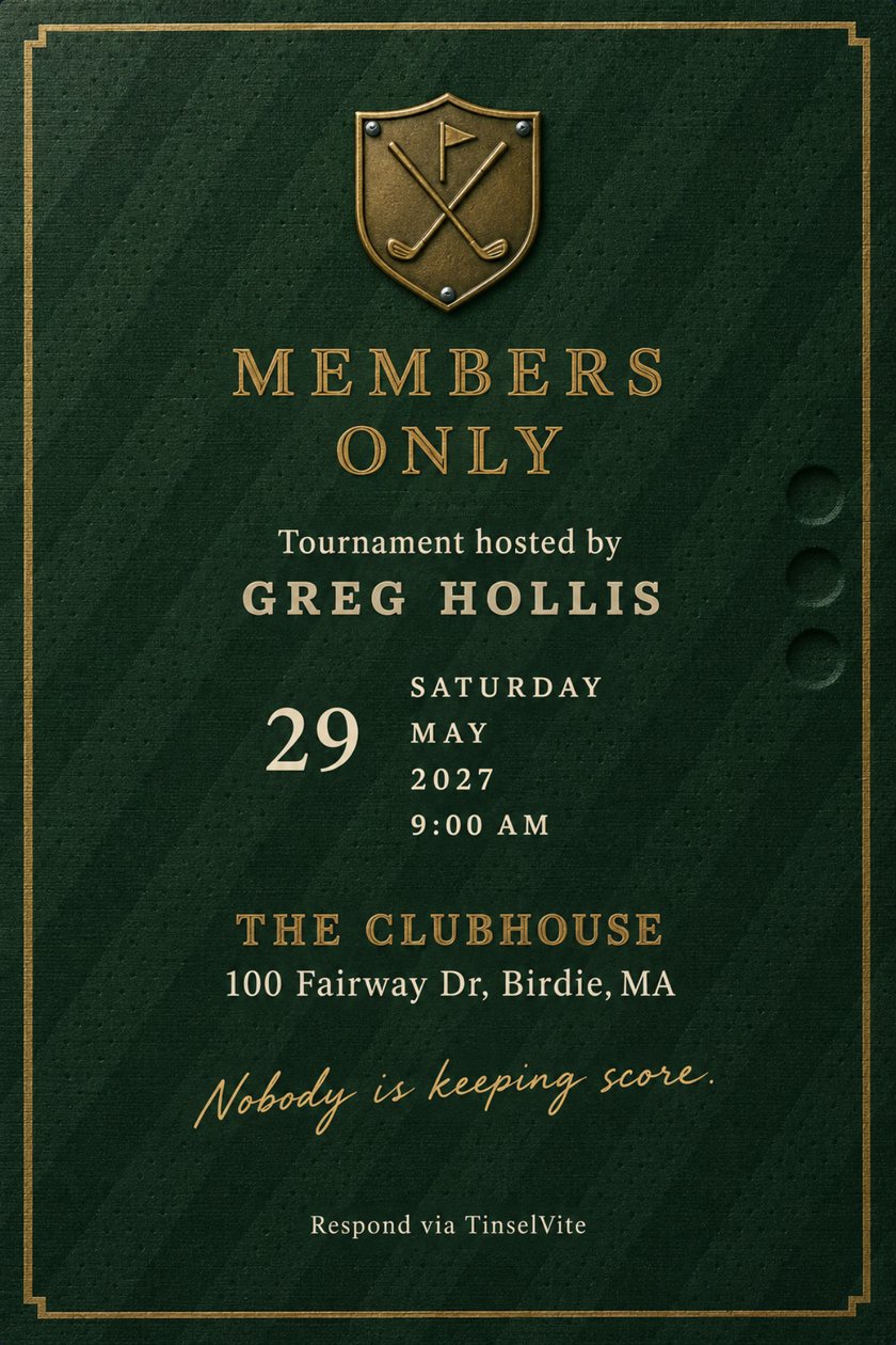 Just because golf tournament invitation on dark green book cloth with a brass crest of crossed clubs, MEMBERS ONLY in gold capitals, and the date and venue below.
