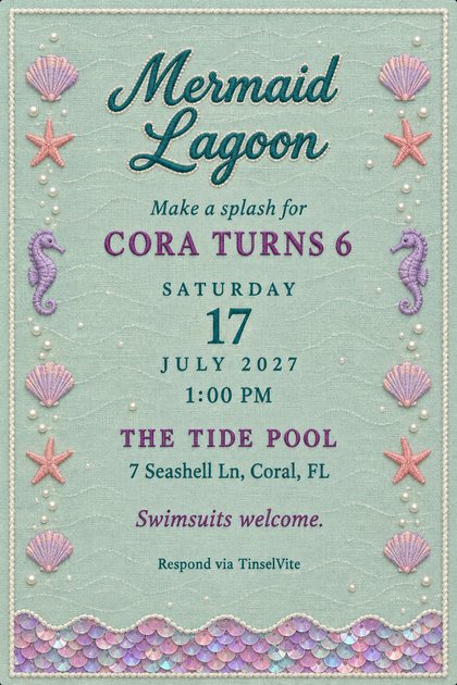 Mermaid birthday invitation on seafoam linen with embroidered shells, starfish and seahorses, a sequin scale band below, the title Mermaid Lagoon, and the date and venue below.