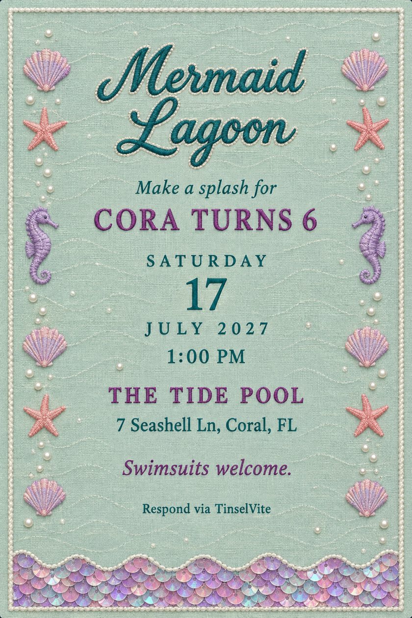 Mermaid birthday invitation on seafoam linen with embroidered shells, starfish and seahorses, a sequin scale band below, the title Mermaid Lagoon, and the date and venue below.