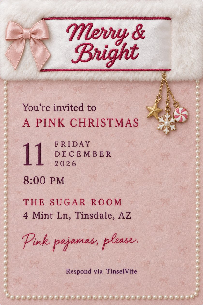 Holiday party invitation styled as a pink velvet stocking cuff with white fur, a satin ribbon reading Merry & Bright, pearl border, candy charms, with the date and venue below.