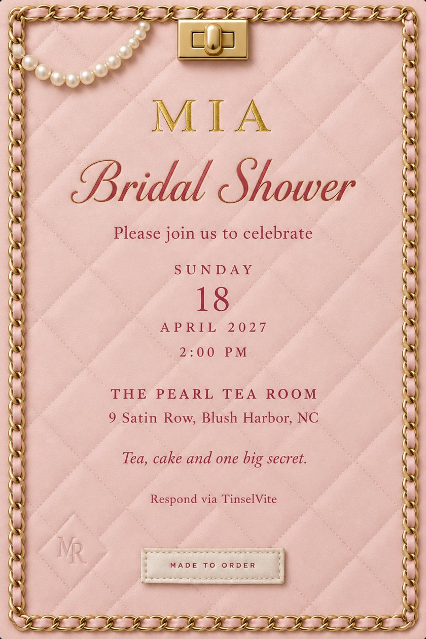 Ballet pink quilted leather card framed in gold chain, a gold clasp at the top and ivory pearls draped in the upper left. MIA in gold capitals over Bridal Shower in rose script, with the date and venue below.