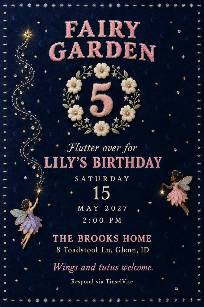 Navy velvet birthday card headed "Fairy Garden", with a ring of ivory flowers around a pink felt 5, two enamel fairies and a sparkling wand trail, date and venue below.
