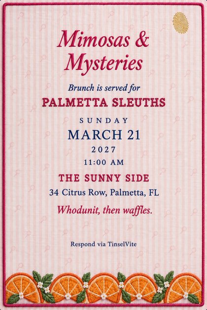 Mystery book club invitation on pink striped seersucker with a raspberry border, a row of embroidered orange slices along the bottom, a gold fingerprint and the title Mimosas & Mysteries.