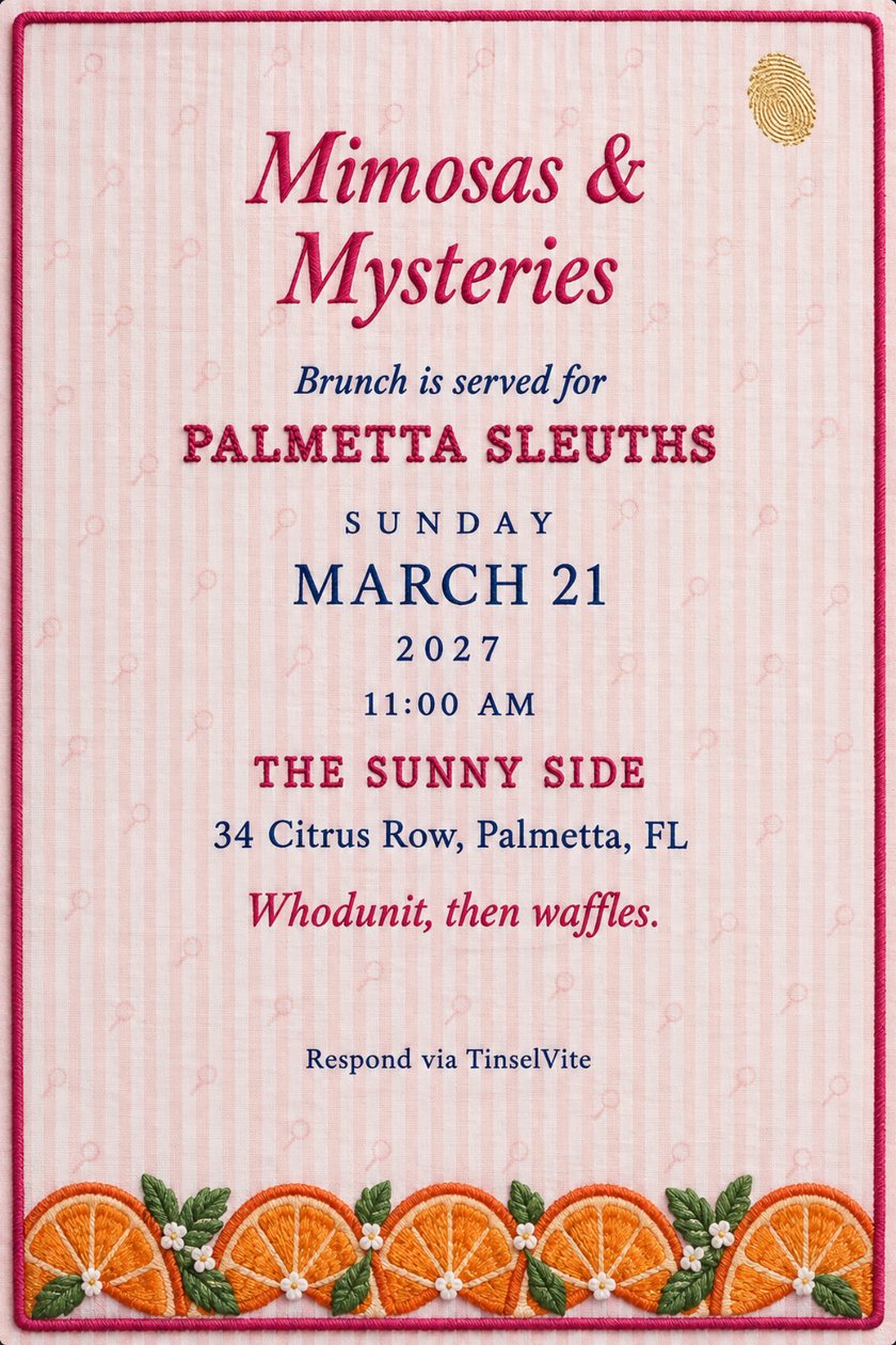Mystery book club invitation on pink striped seersucker with a raspberry border, a row of embroidered orange slices along the bottom, a gold fingerprint and the title Mimosas & Mysteries.