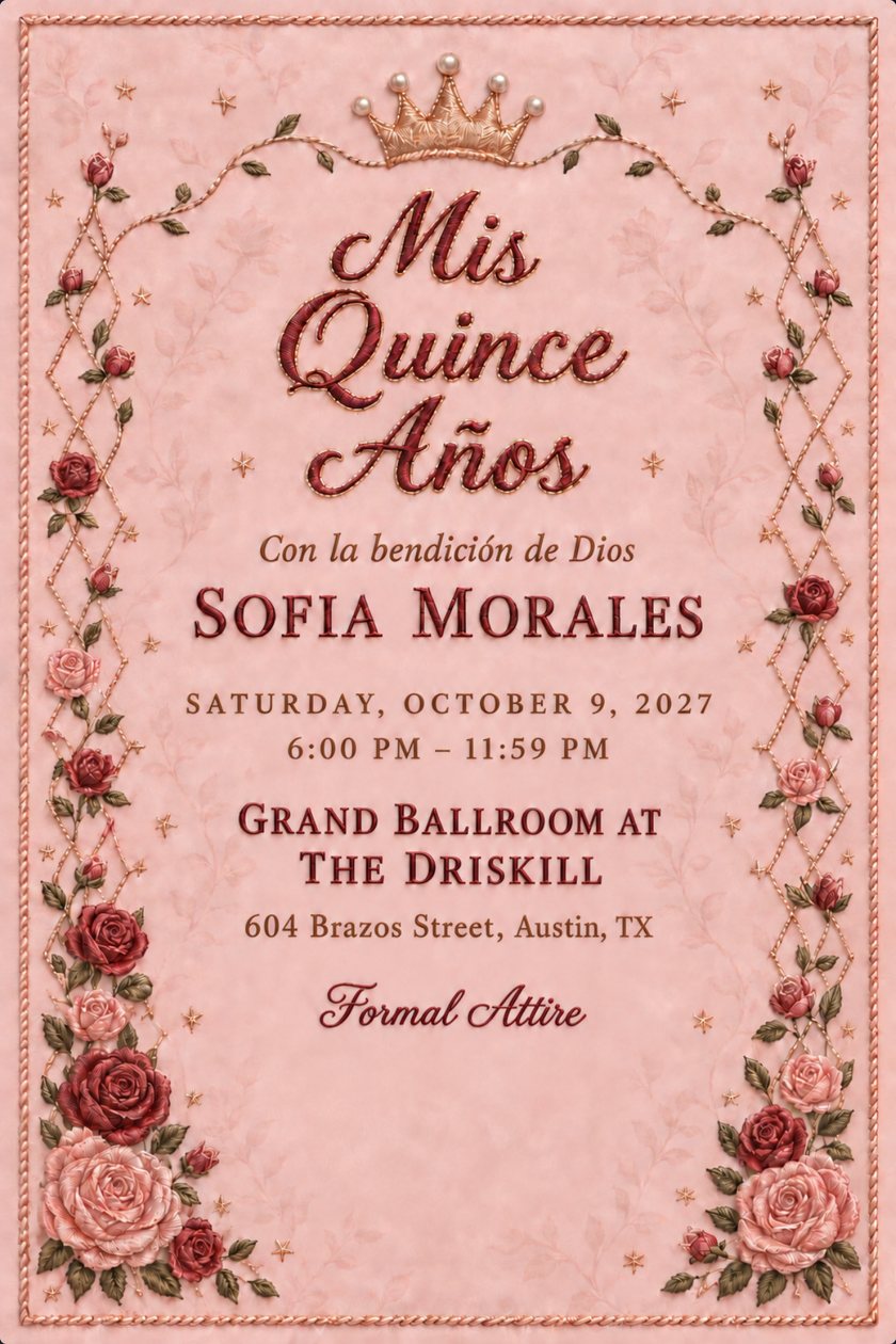 Embroidered quinceañera invitation on blush pink cloth with a pearl-topped gold crown, rose borders down both sides and Mis Quince Años in red script, with the date and venue below.