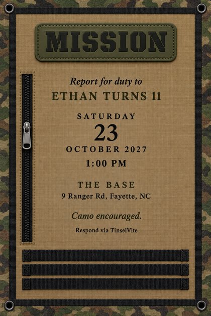 Camo birthday invitation styled as a tan ripstop gear panel with an olive MISSION patch, a black zipper, webbing straps and a camo border, with the date and venue below.