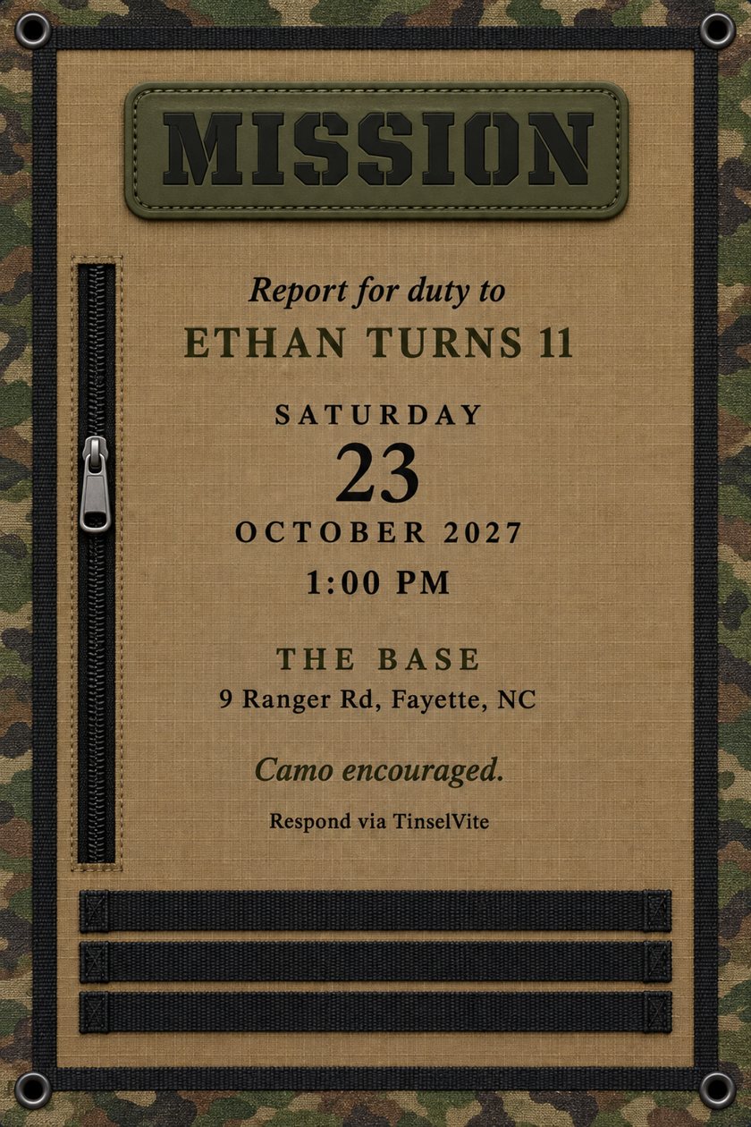 Camo birthday invitation styled as a tan ripstop gear panel with an olive MISSION patch, a black zipper, webbing straps and a camo border, with the date and venue below.