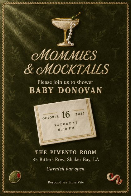 Olive velvet card with gold chain border. Embroidered coupe with olive and pearls above cream script MOMMIES & MOCKTAILS, BABY DONOVAN, a cream date patch and the venue.