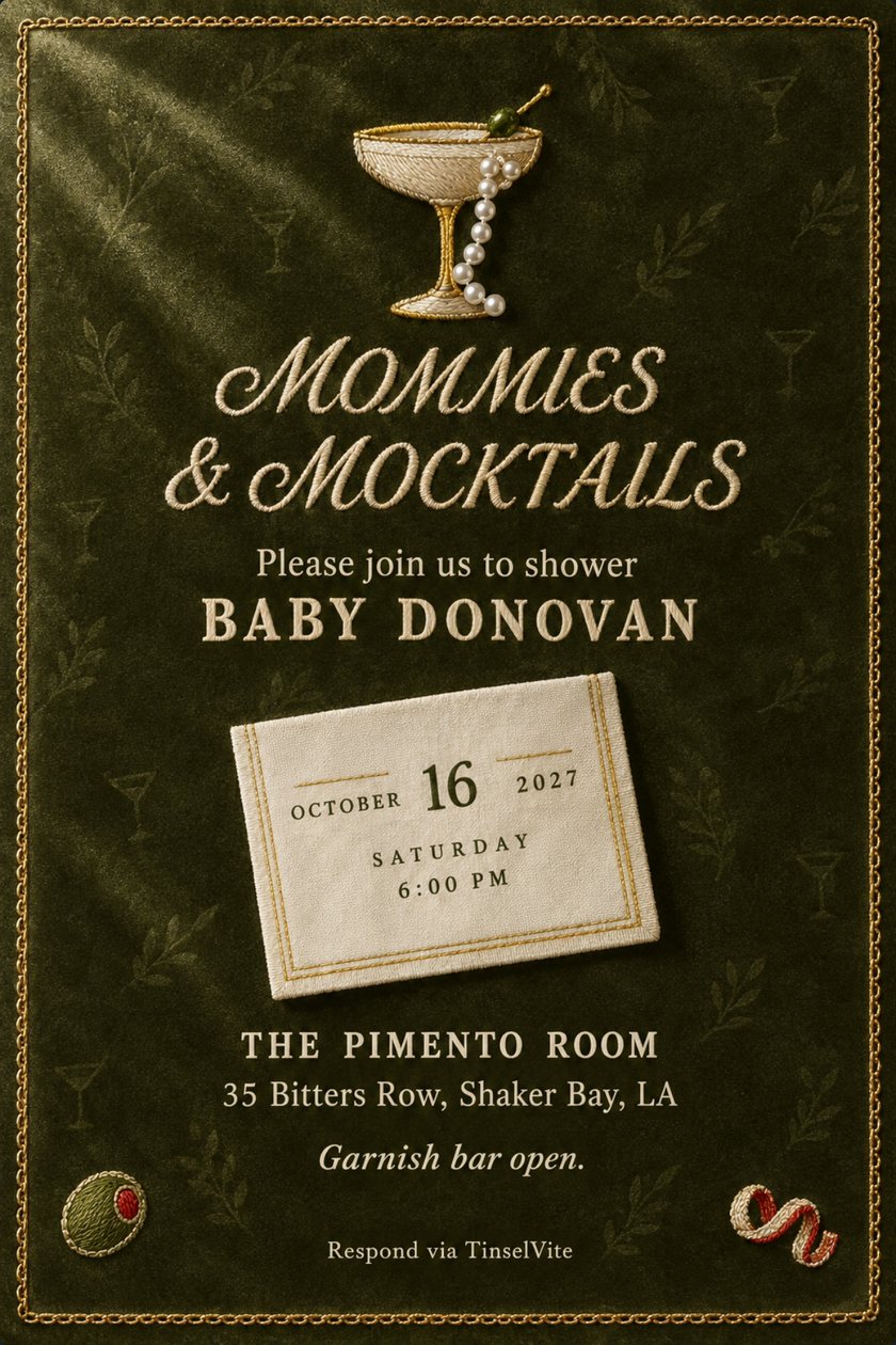 Baby shower invitation: Olive velvet card with gold chain border. Embroidered coupe with olive and pearls above cream script MOMMIES & MOCKTAILS, BABY DONOVAN, a cream date patch and the venue.
