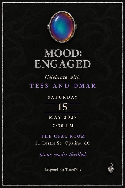 Engagement invitation on black suede with a silver rope border, an oversized color-shifting mood ring at the top and the large title Mood: Engaged in silver capitals.
