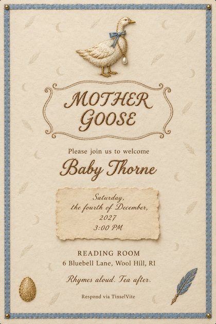 Cream card with a blue stitched border, an embroidered white goose in a blue bow with a pearl drop charm, MOTHER GOOSE in a frame, script Baby Thorne, gold egg and blue quill.