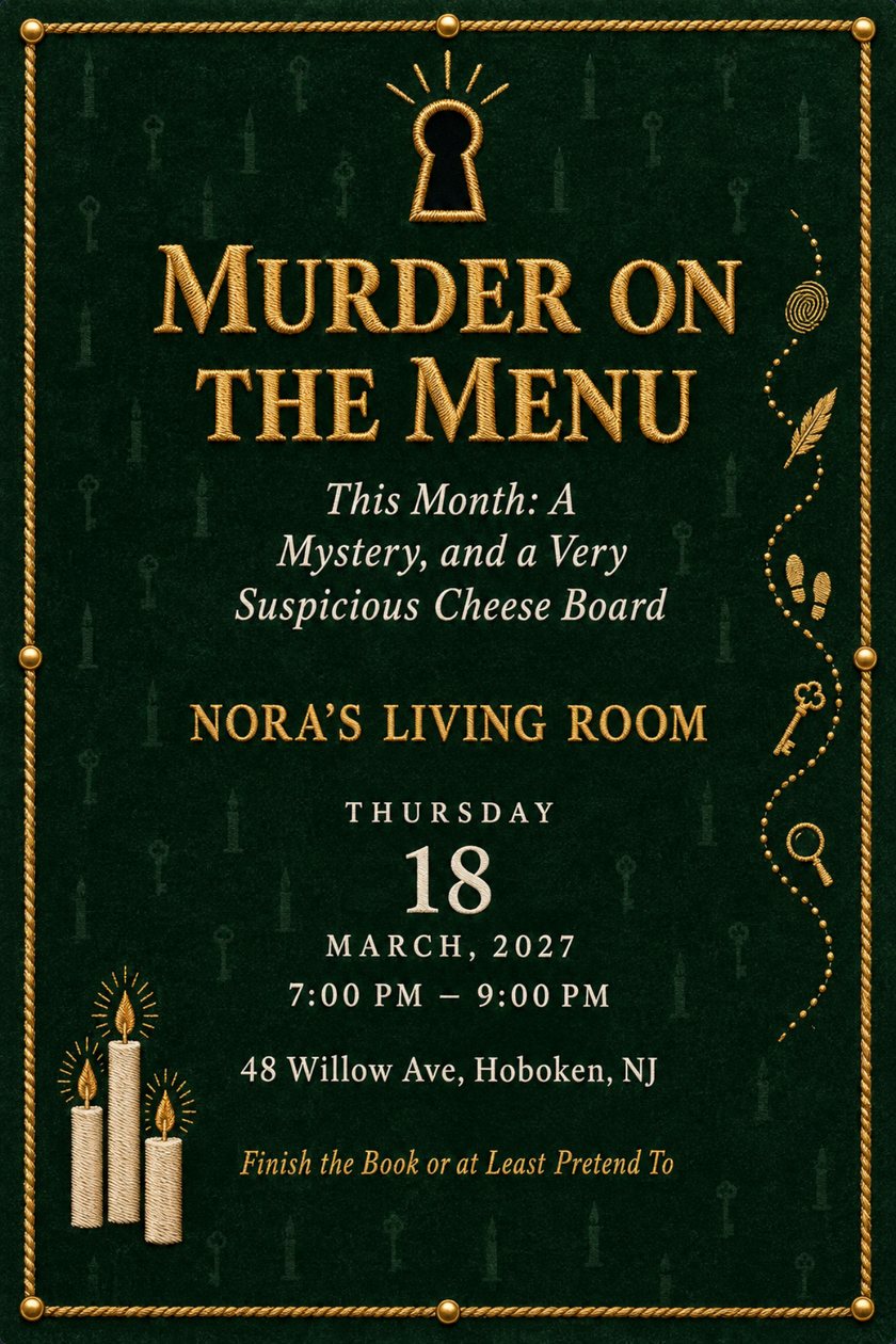 Book club invitation on dark green stitched fabric with a gold keyhole, three candles and a trail of clues, headed Murder on the Menu, with the date and venue below.