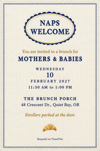 Heather gray knit card with a navy ribbed cuff along the top edge and a butter yellow door hanger printed NAPS WELCOME. Navy slab lettering reads MOTHERS & BABIES, with the date and venue below.