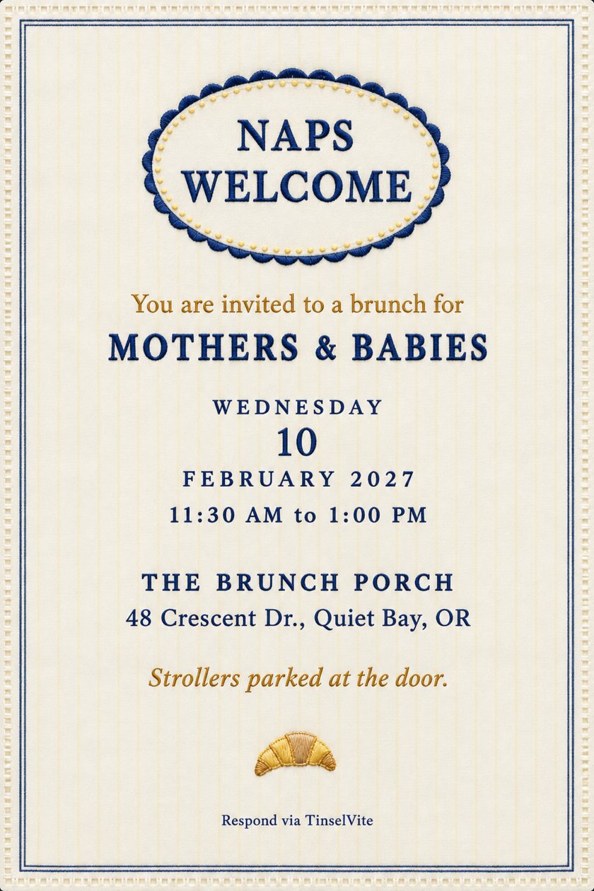 Brunch invitation: Heather gray knit card with a navy ribbed cuff along the top edge and a butter yellow door hanger printed NAPS WELCOME. Navy slab lettering reads MOTHERS & BABIES, with the date and venue below.