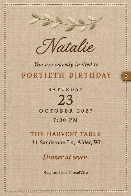 Birthday invitation on sand linen with a stitched olive sprig, the name in brown script, FORTIETH BIRTHDAY in copper capitals, and the date and venue below.