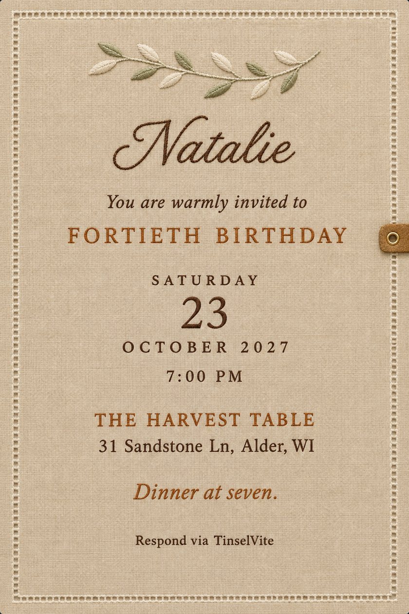 Birthday invitation on sand linen with a stitched olive sprig, the name in brown script, FORTIETH BIRTHDAY in copper capitals, and the date and venue below.