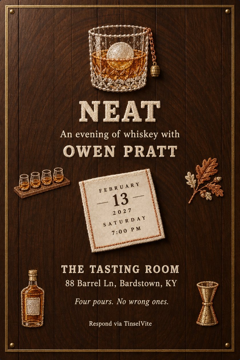 Dad's night out invitation: Dark walnut boards in a brass border. Embroidered whiskey tumbler with a pearl ice ball above large cream letters reading NEAT. Flight board, oak sprig, bottle, jigger, linen napkin with date below.
