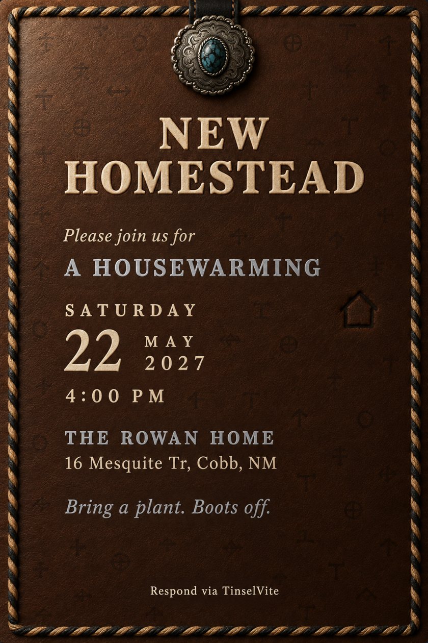 Housewarming invitation on espresso leather with a rope border, a silver turquoise concho at top, a burned house brand and NEW HOMESTEAD in raised bone capitals, details below.