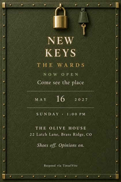 Olive leather card with a brass-studded border, a brass padlock and small key at the top, and lettering reading NEW KEYS, THE WARDS, NOW OPEN, then the date and venue.