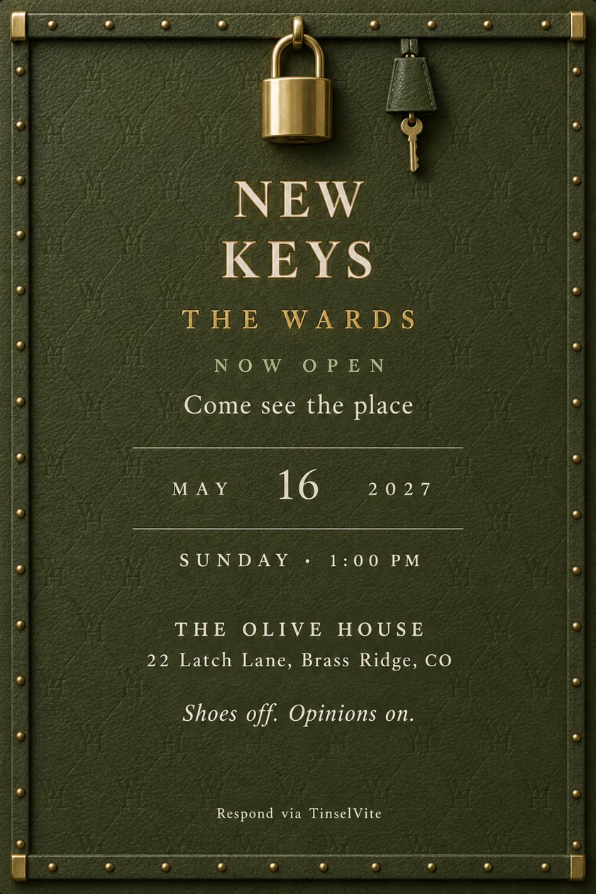 Housewarming invitation: Olive leather card with a brass-studded border, a brass padlock and small key at the top, and lettering reading NEW KEYS, THE WARDS, NOW OPEN, then the date and venue.
