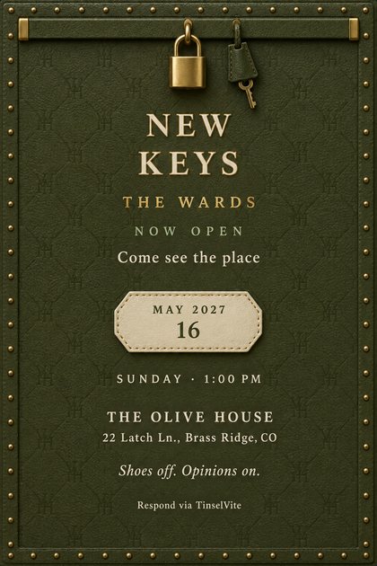 Olive pebbled leather card with brass studs along the border, a brass padlock and small key hanging from a top strap. Cream NEW KEYS over gold THE WARDS, date on a stitched cream tab.