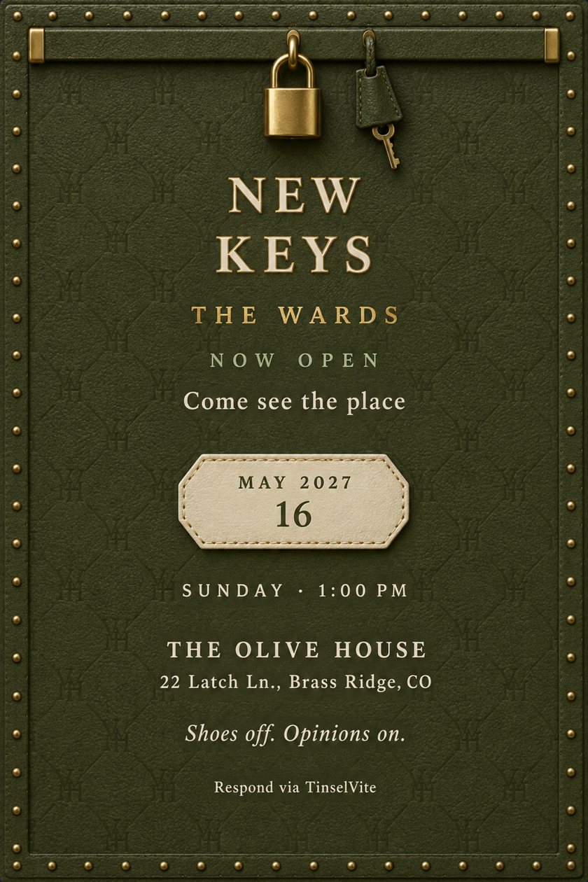 Housewarming invitation: Olive pebbled leather card with brass studs along the border, a brass padlock and small key hanging from a top strap. Cream NEW KEYS over gold THE WARDS, date on a stitched cream tab.
