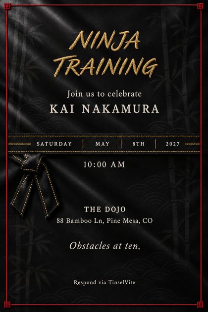 Black satin invitation with a red cord border and corner knots, a knotted black belt at the left, and NINJA TRAINING in gold embroidered script above a guest name, with the date and venue below.