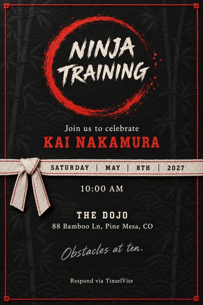Black card with faint bamboo and a red cord border. A red brush circle rings ivory brush NINJA TRAINING. A knotted white belt band carries the date, with the time and venue below.