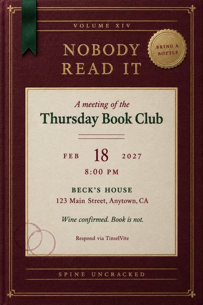Book club invitation as a burgundy cloth book cover, gold foil title Nobody Read It, green ribbon, gold Bring a Bottle seal, wine rings, cream panel with date and venue below.