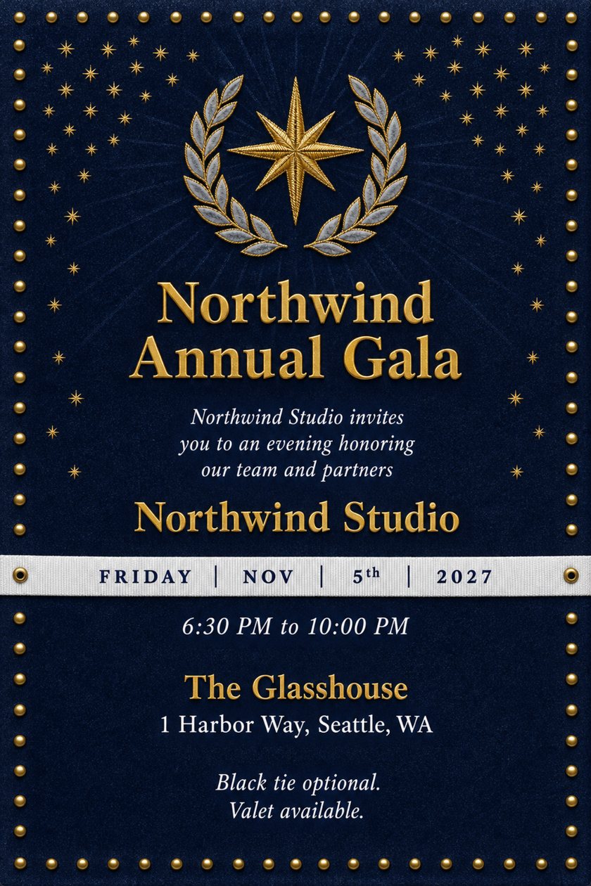 Corporate gala invitation in navy with a gold embroidered star inside a silver laurel wreath, gold studs, a white ribbon band and the title Northwind Annual Gala, with the date and venue below.