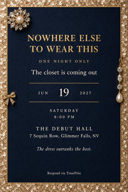 A just because invitation design: Nowhere Else to Wear This